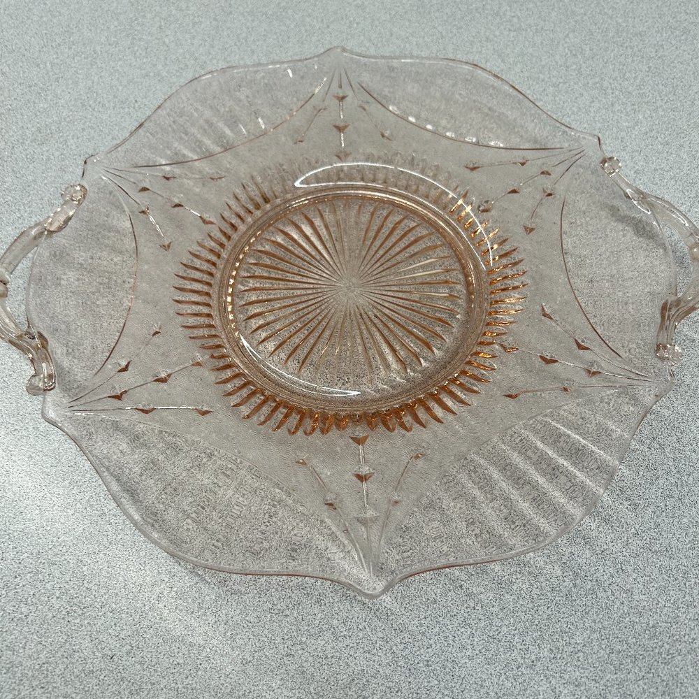 Vintage Pink Depression Glass Round Plate with Handles